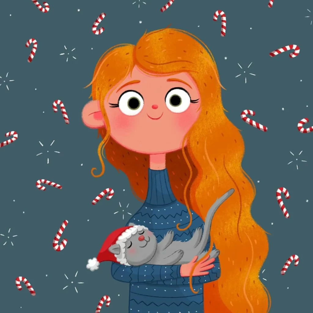 Girl Cat Christmas Candy Canes Eleonore Pelluau