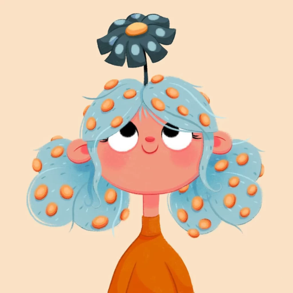 Girl Flower Hair Blue Orange Eleonore Pelluau