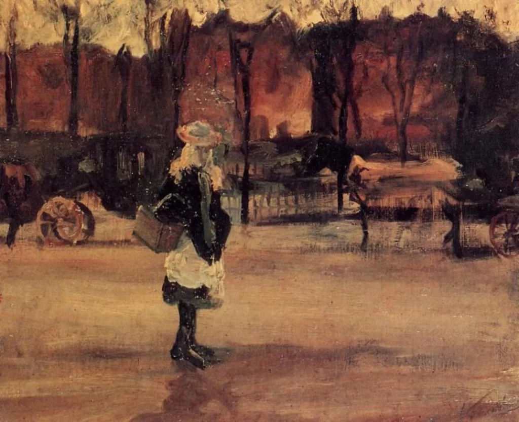 Girl in the Street Two Coaches in the Background Van Gogh