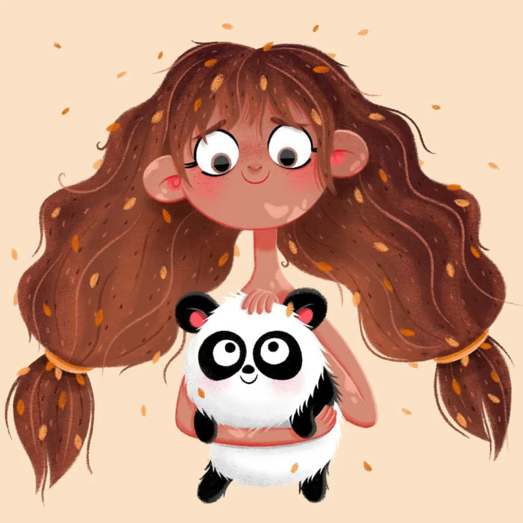 Girl Panda Hug Autumn Leaves Eleonore Pelluau