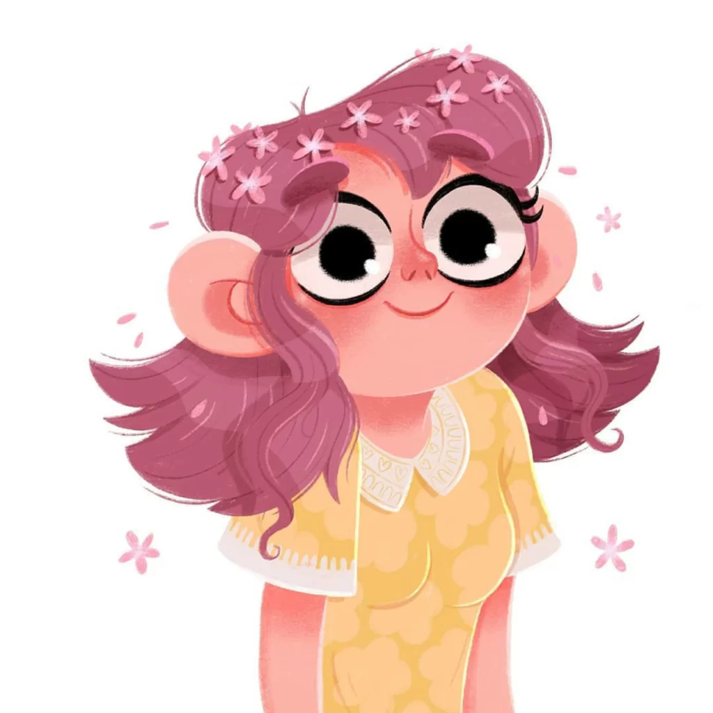 Girl Pink Hair Flowers Yellow Dress Eleonore Pelluau
