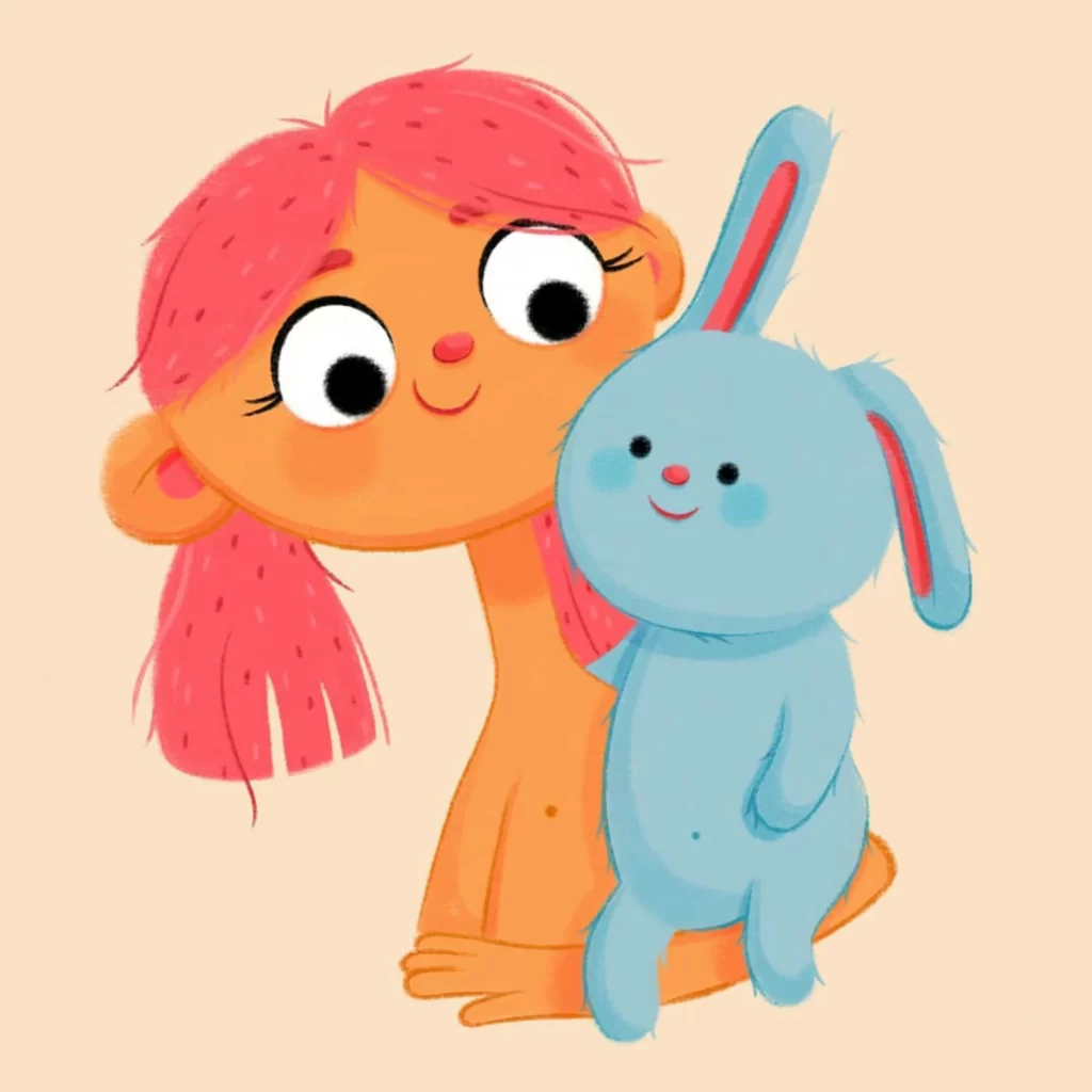 Girl Rabbit Hug Pink Hair Blue Rabbit Eleonore Pelluau
