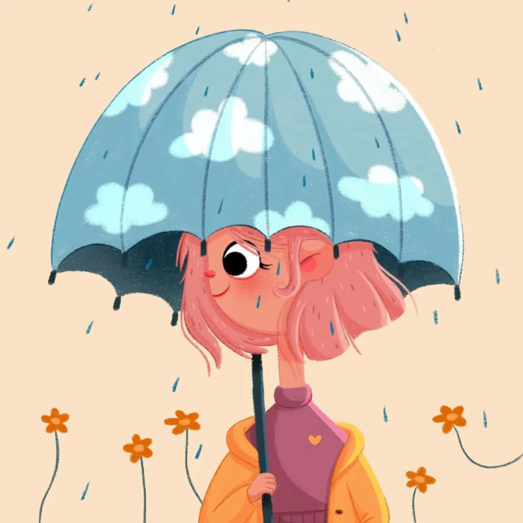 Girl Umbrella Raindrops Clouds Flowers Eleonore Pelluau
