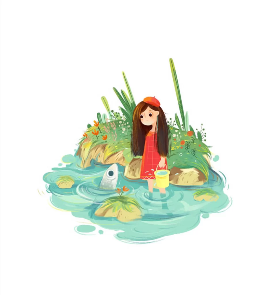 Girl Water Bucket Fish Nature