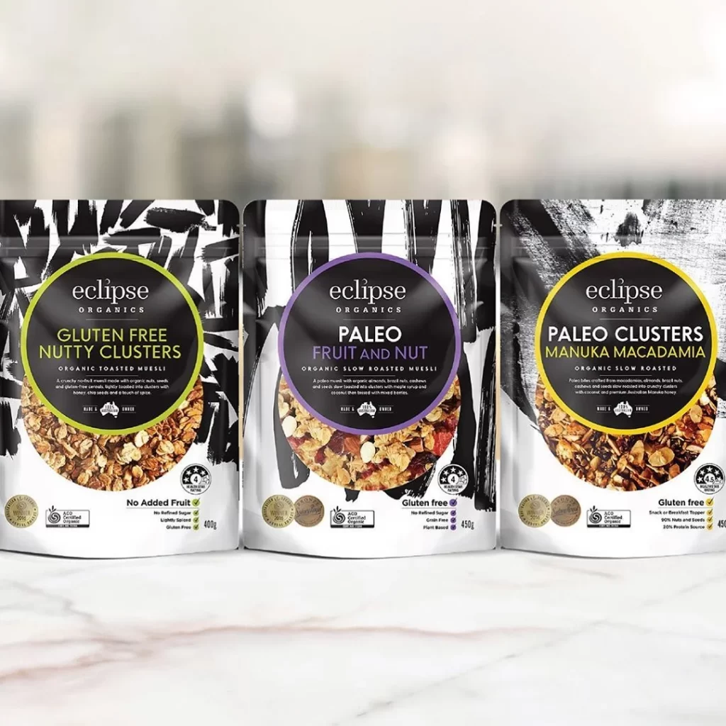 Gluten Free Nutty Clusters Paleo Fruit and Nut Manuka Macadamia Snack Packaging Design
