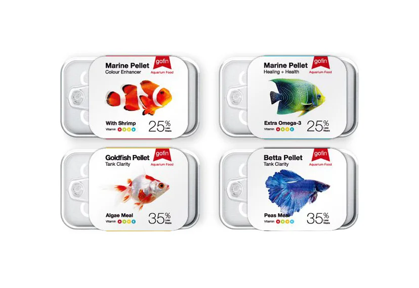 Gofin Aquarium Food Marine Pellet Color Enhancer Shrimp Fish Illustration Red White