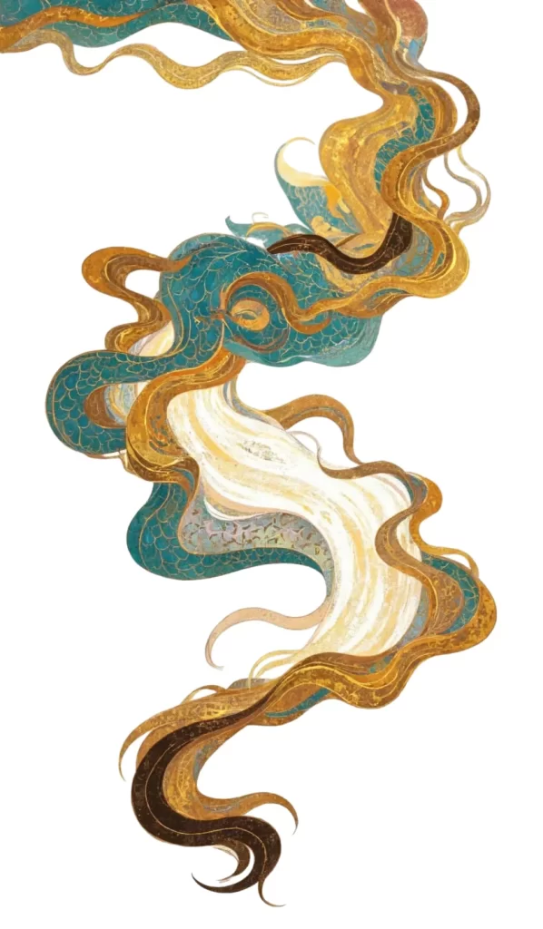 Gold Blue Green Flowing Curved Dunhuang Cloud Pattern