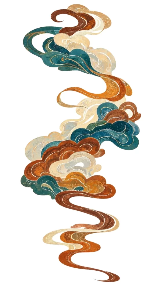 Gold Blue Orange Cloud Swirl Dunhuang Traditional Pattern