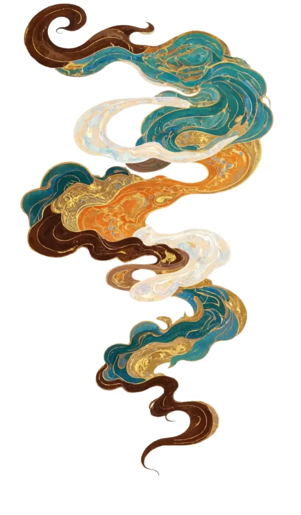 Gold Blue Orange Cloud Swirl Dunhuang Traditional Pattern