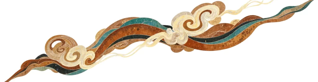 Gold Brown Teal Cloud Swirl Dunhuang Traditional Pattern