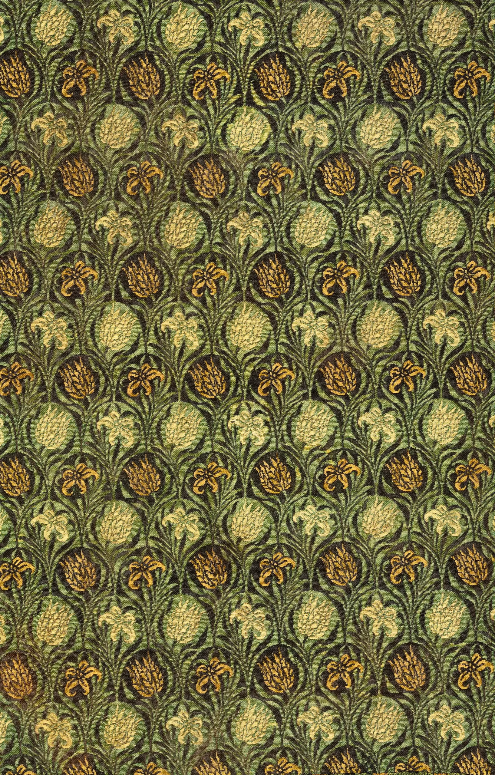 Gold lily vine on sage green background William Morris pattern