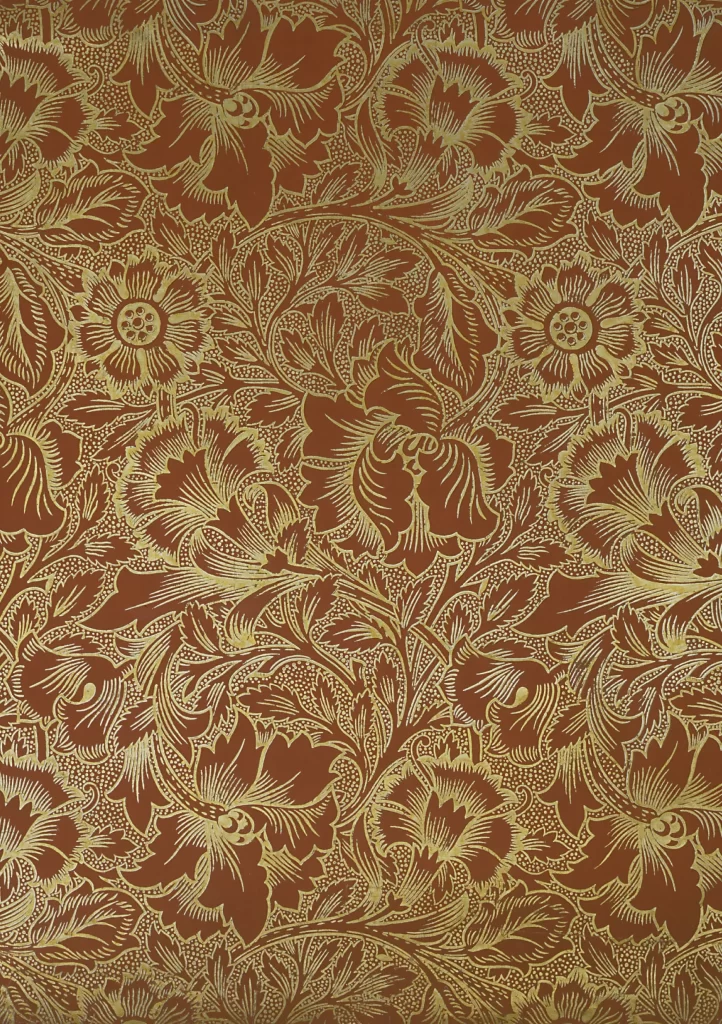 Gold Peony Vine Burgundy Background Vintage William Morris