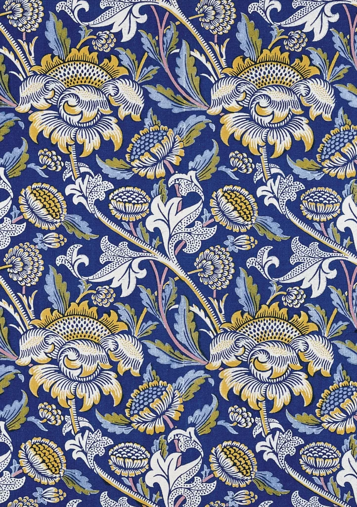 Gold Peony Vine Navy Blue Background William Morris