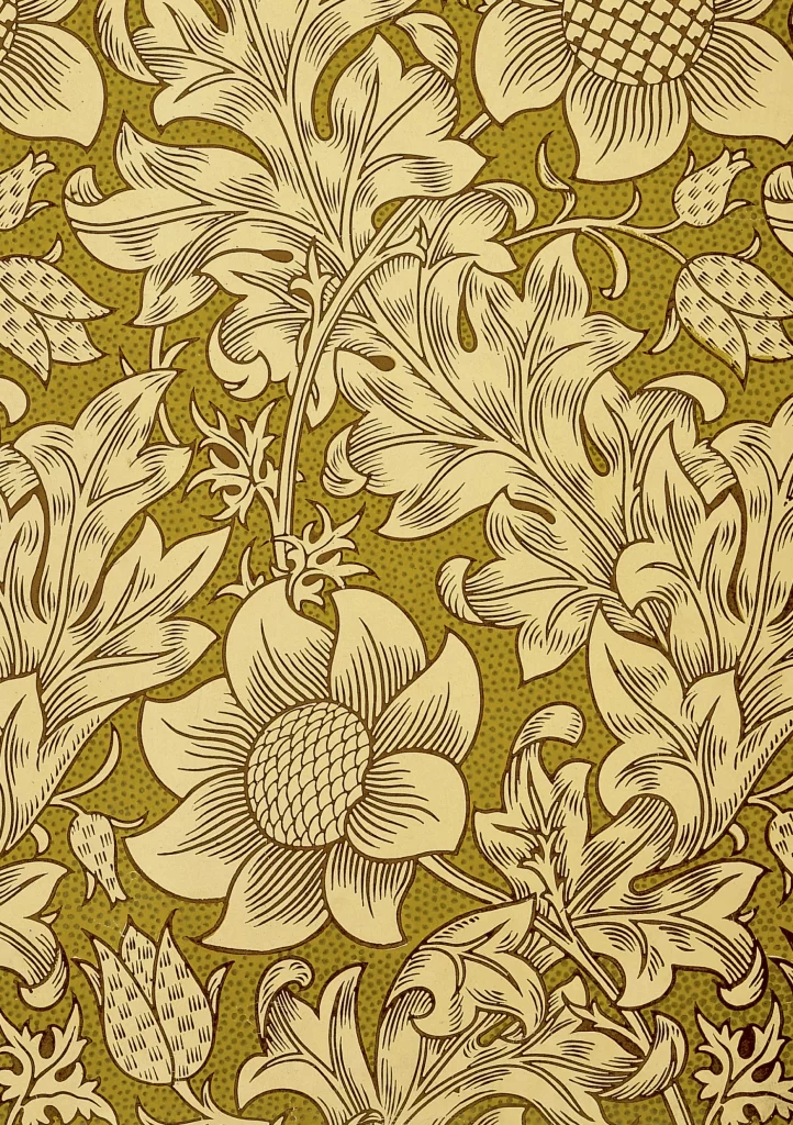 Gold Sunflower Vine Sage Green Foliage Vintage William Morris