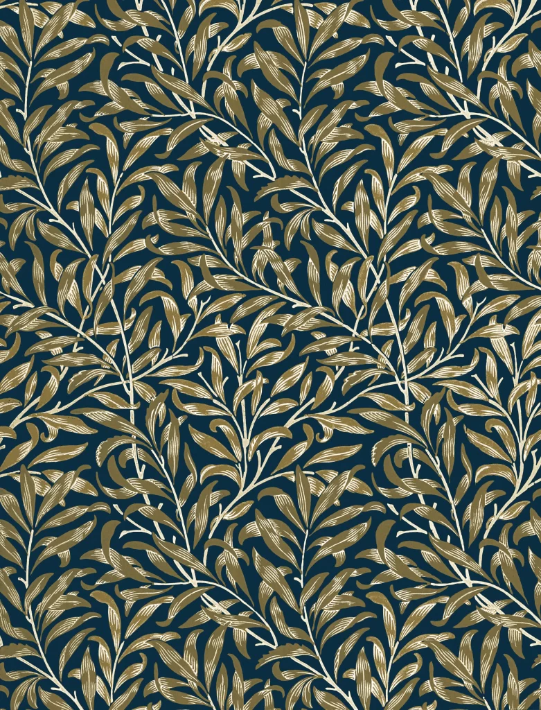 Gold Willow Leaves Vine Navy Blue Background William Morris