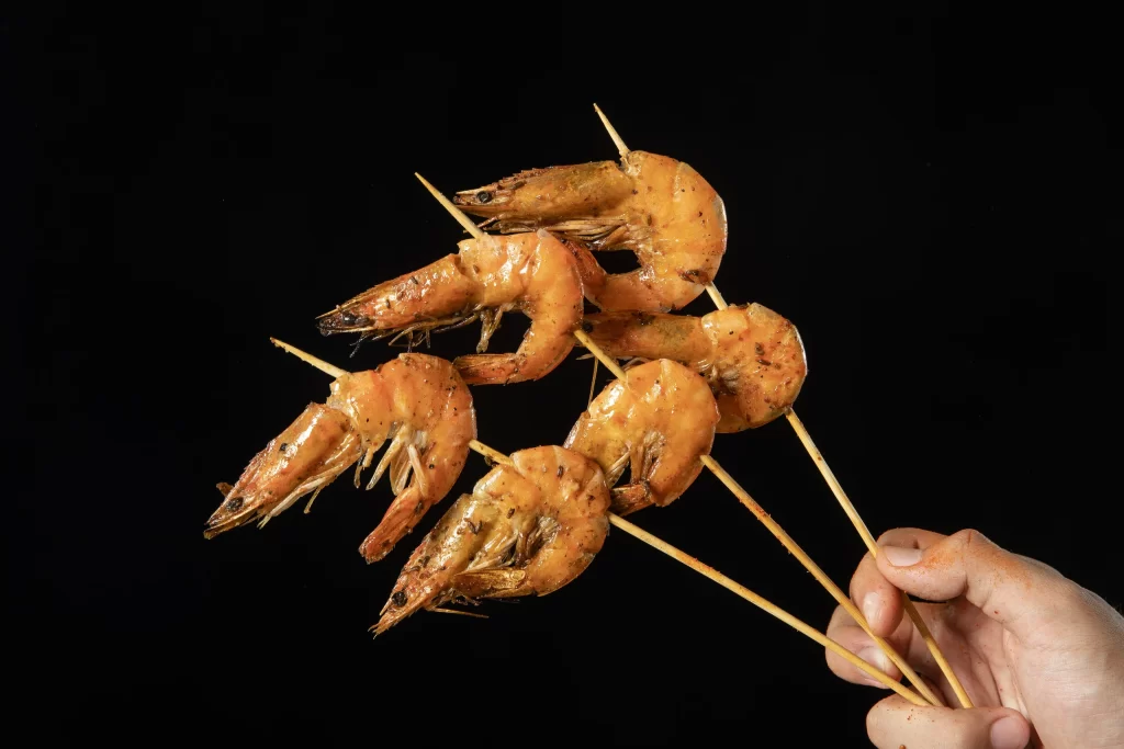 Golden Brown BBQ Shrimp Skewers with Charred Edges