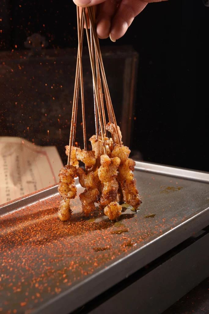 Golden Brown Pork Skewers Spicy Seasoning Close Up