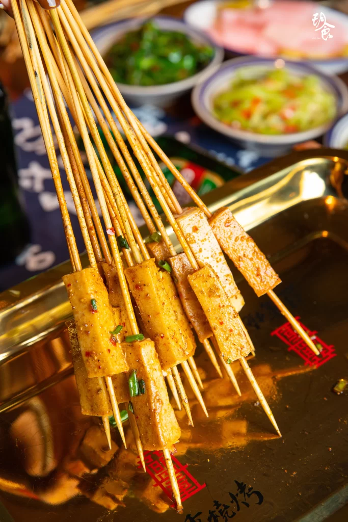 Golden Grilled Tofu Skewers Spicy Sauce Green Onion Garnish