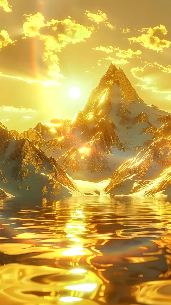 golden sunset mountain serene tranquil reflection