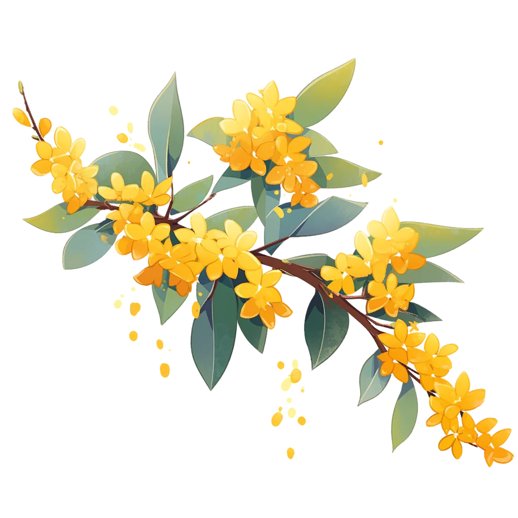 Golden Yellow Flower Branch with Green Leaves