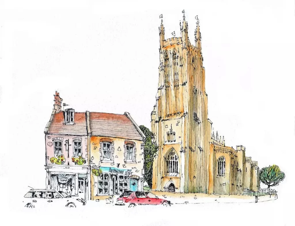 Gothic Church Town Buildings Architecture Watercolor Urban Scene