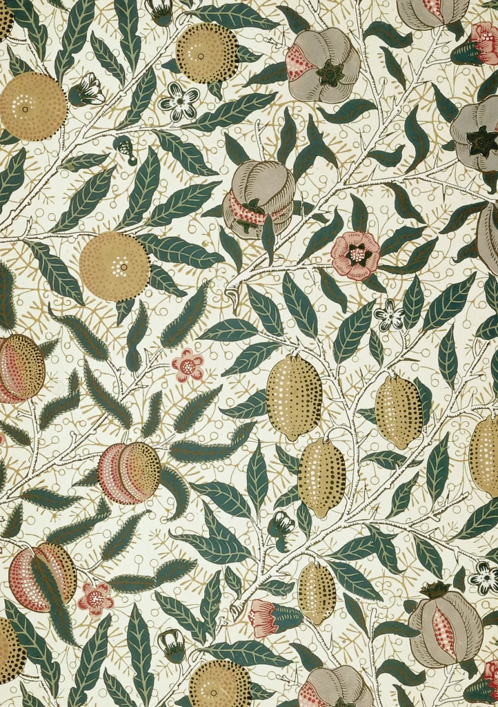 Green and Gold Botanical Vine Pattern with Fruits and Flowers