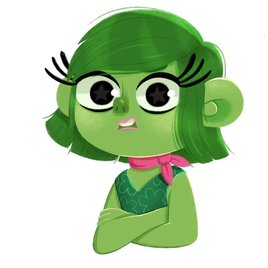 Green Character Cartoon Expressive Eyes Pink Scarf Patterned Dress Eleonore Pelluau