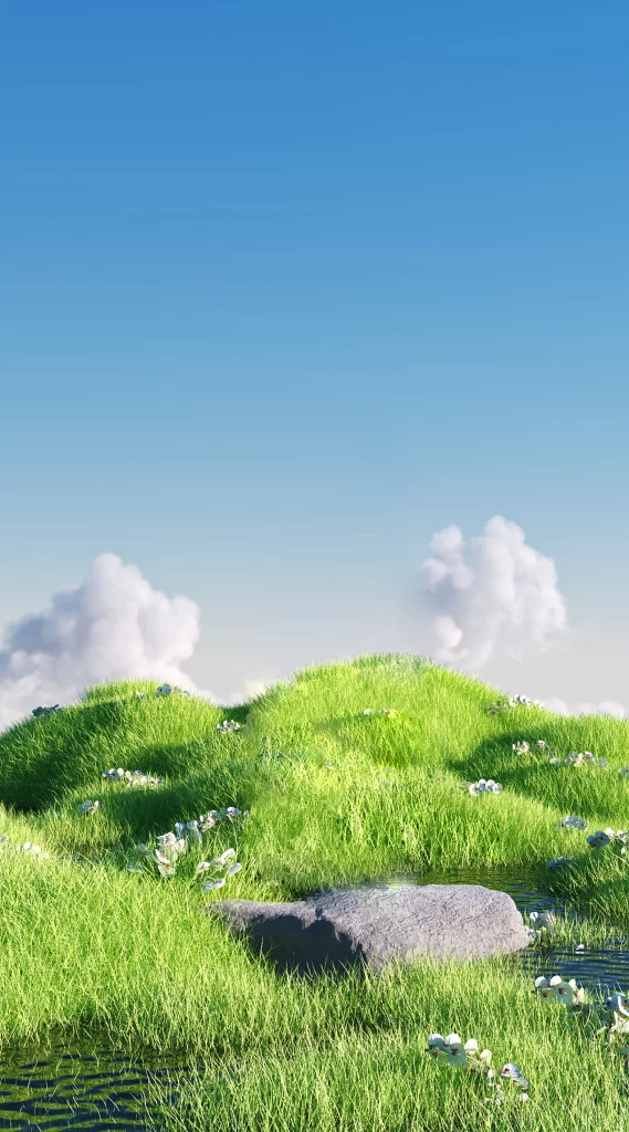 Green Grass Blue Sky White Clouds Stone Meadow