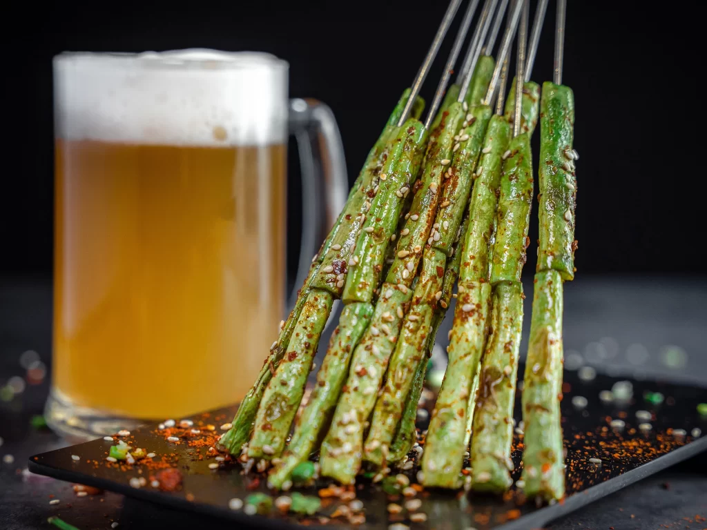 Grilled Asparagus Skewers Sesame Seeds Spices Golden Brown