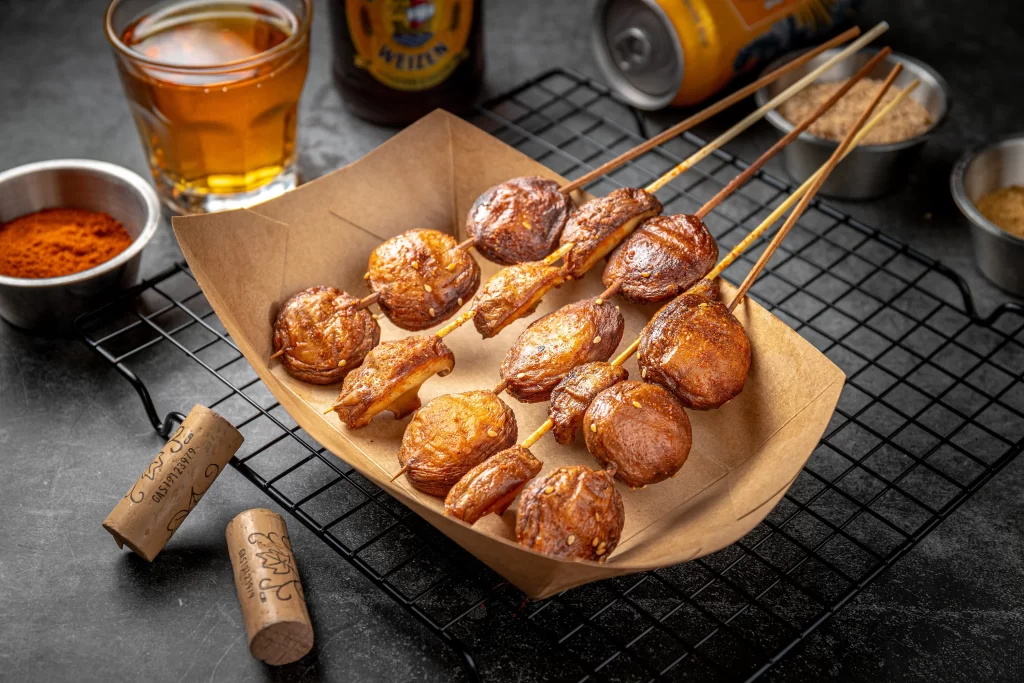 Grilled Chicken Skewers Charred Golden Brown Garnished