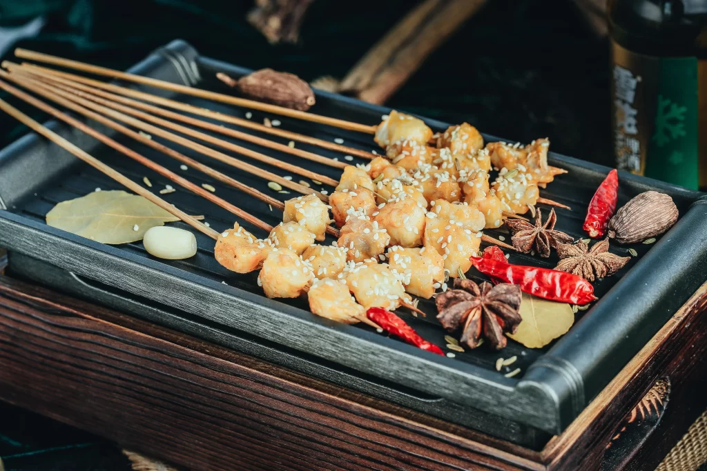 Grilled Chicken Skewers Sesame Garnish Spices