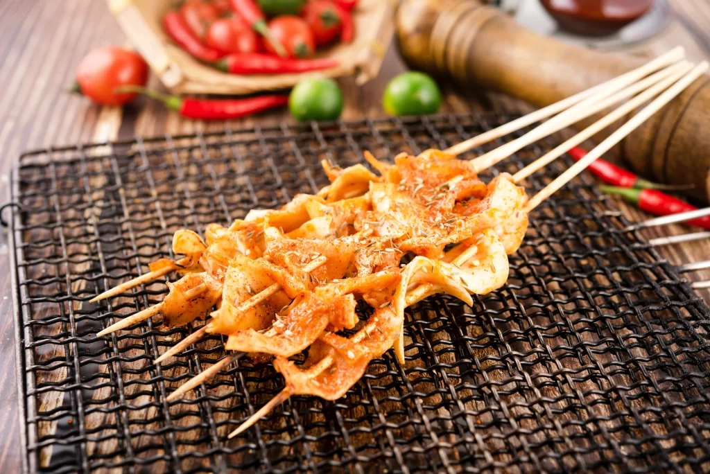 Grilled Chicken Skewers Spicy Marinade Charred Edges