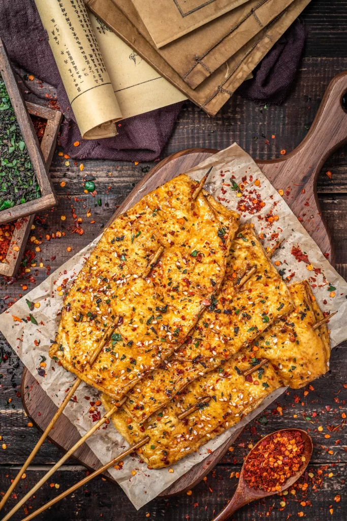 Grilled Chicken Skewers Spicy Sauce Charred Crust Garnish