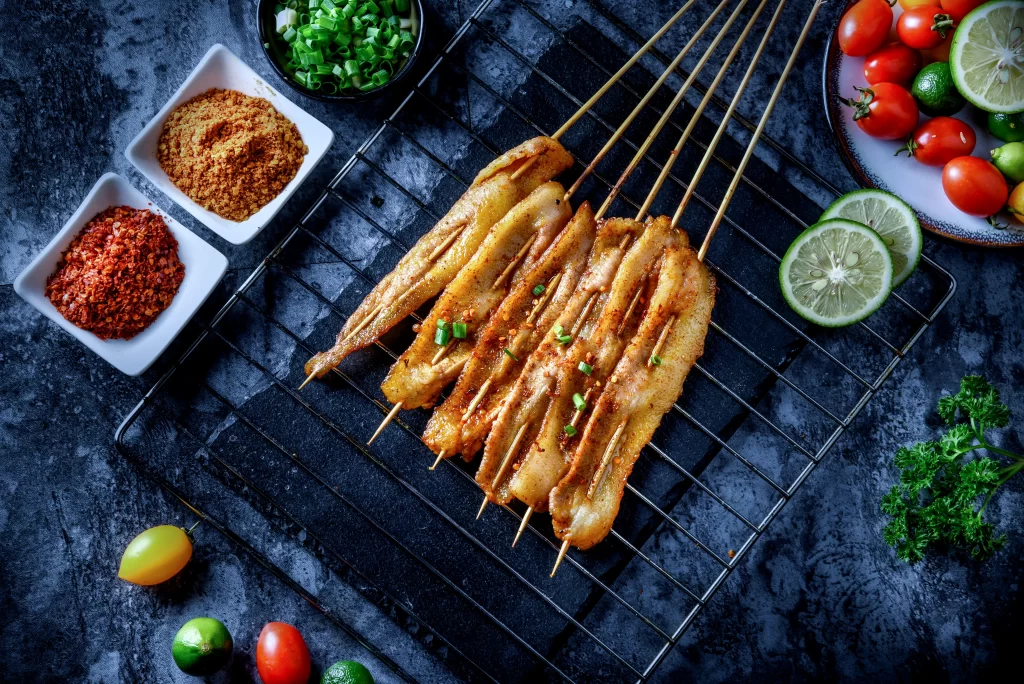 Grilled Chicken Skewers Spicy Sauce Fresh Herbs