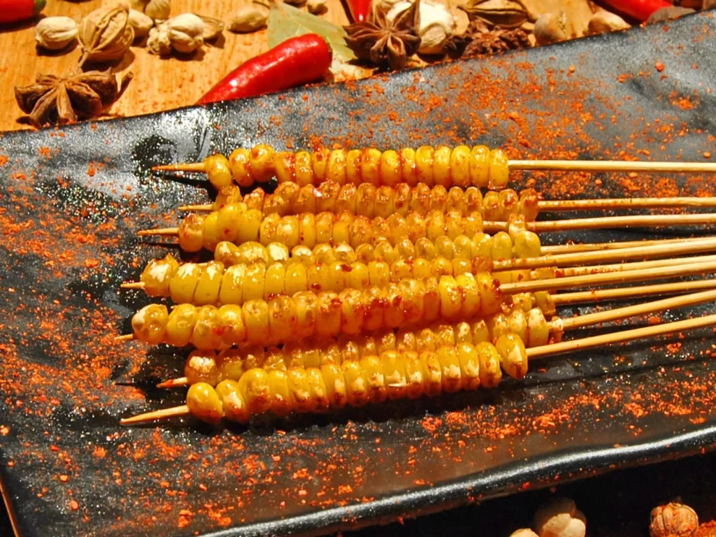 Grilled Corn Skewers Spicy Seasoning Golden Yellow Plate