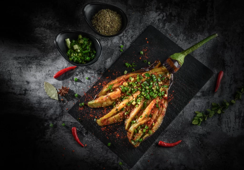 Grilled Eggplant Miso Glaze Black Sesame Garnish Slate Plate