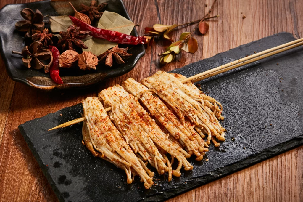 Grilled Enoki Mushrooms Spicy Seasoning Black Slate Platter
