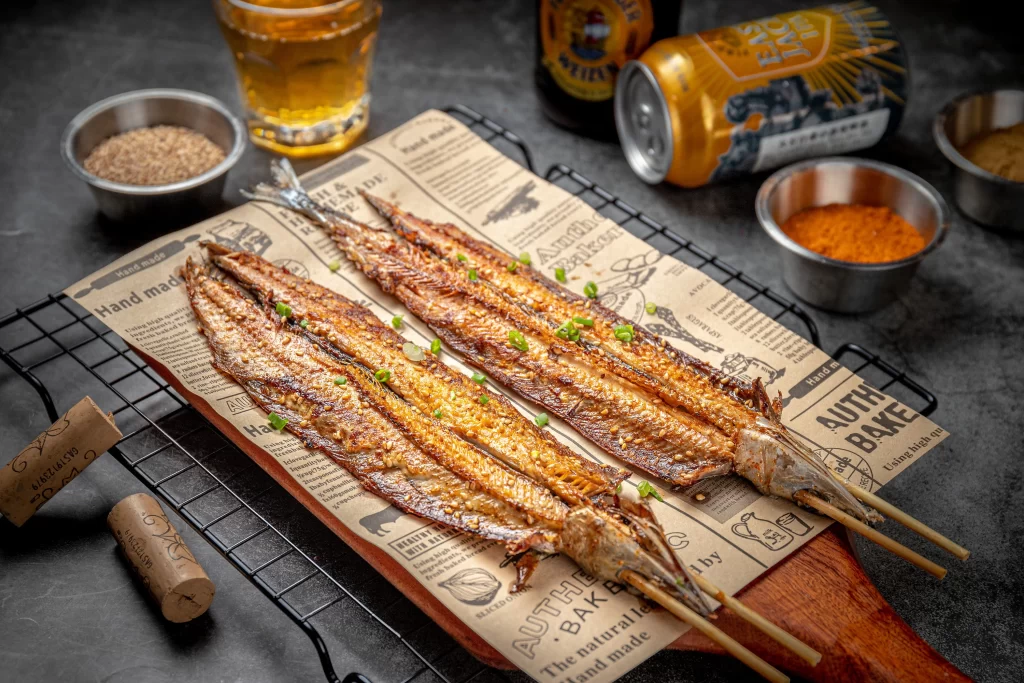 Grilled Fish Skewers Golden Brown Sauce Garnish