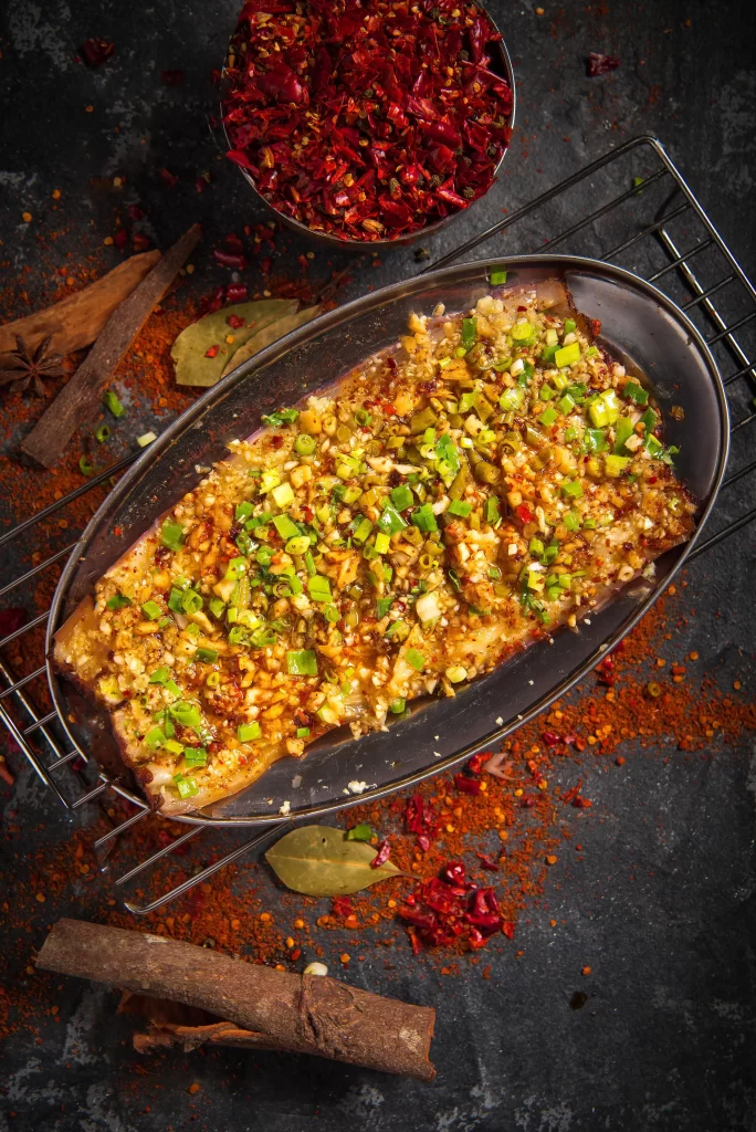 Grilled Fish with Spicy Chili Sauce Garnish