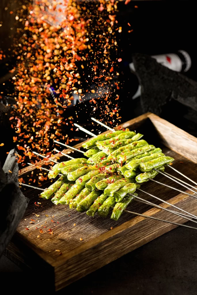 Grilled Green Beans Chili Flakes Wooden Tray