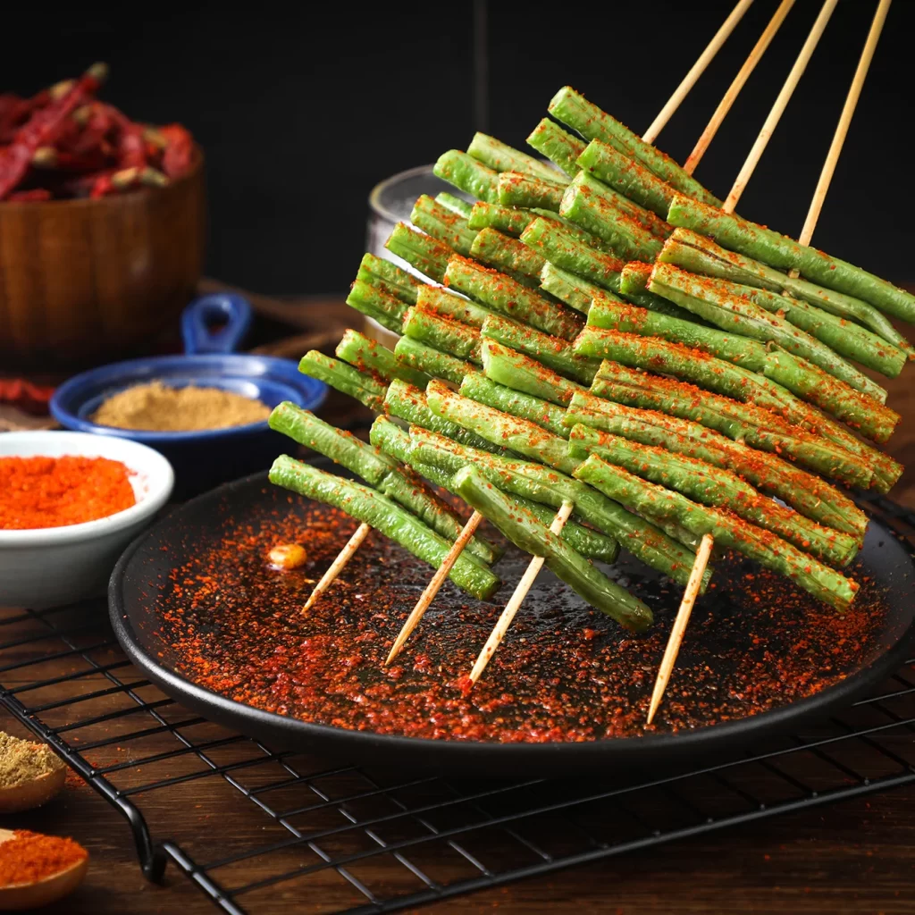 Grilled Green Beans Spicy Red Pepper Seasoning Black Plate