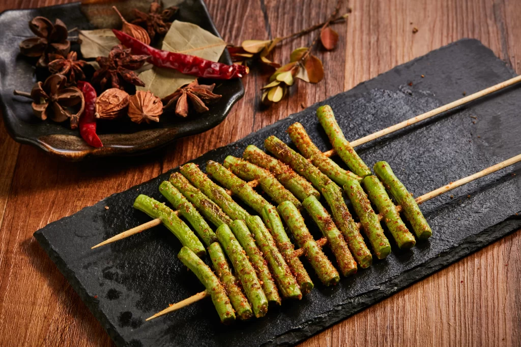 Grilled Green Beans Spicy Seasoning Wooden Skewers Slate Plate
