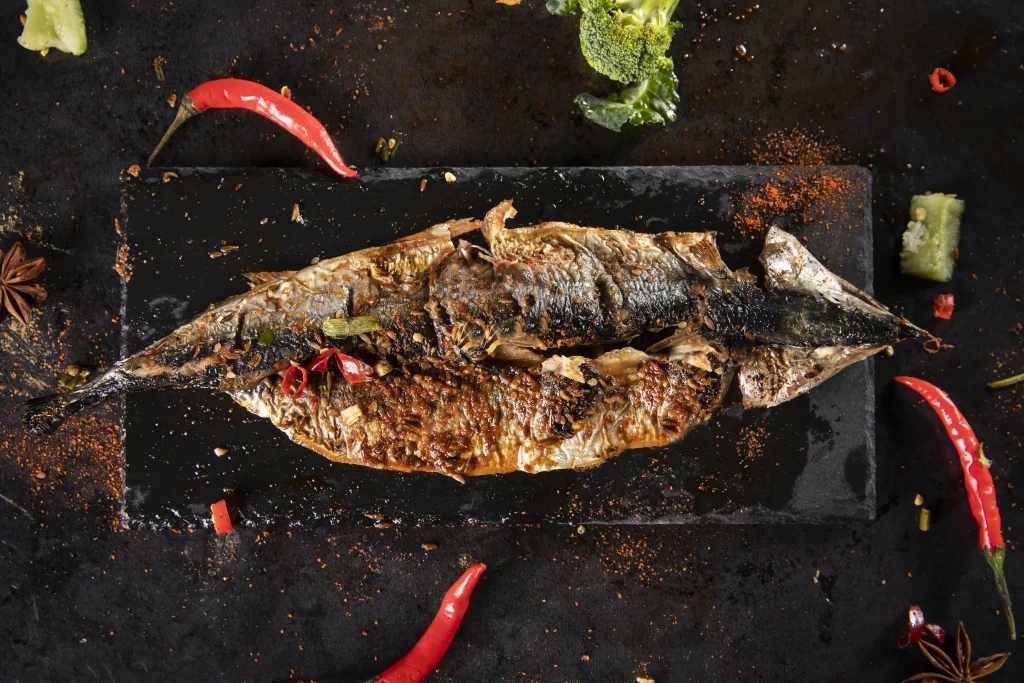 Grilled Mackerel Spicy Sauce Red Chili Garnish