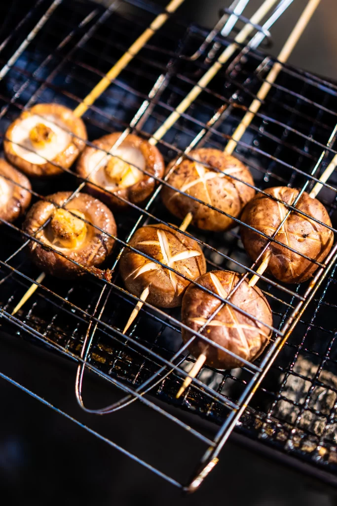 Grilled Mushroom Skewers Charred Golden Brown Close Up