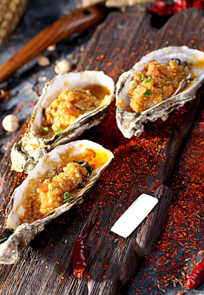 Grilled Oysters Garlic Butter Crispy Topping Green Onion Garnish