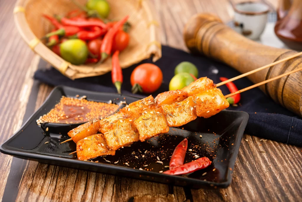 Grilled Pineapple Skewers Spicy Sauce Red Chili Garnish