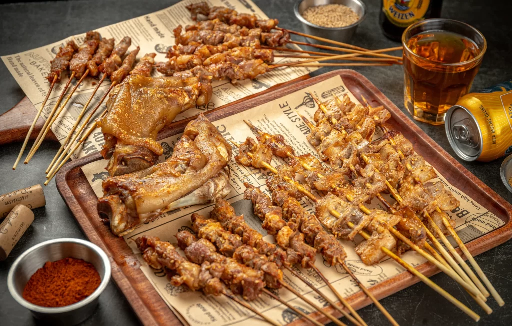 Grilled Pork Skewers Golden Brown Crispy Charcoal