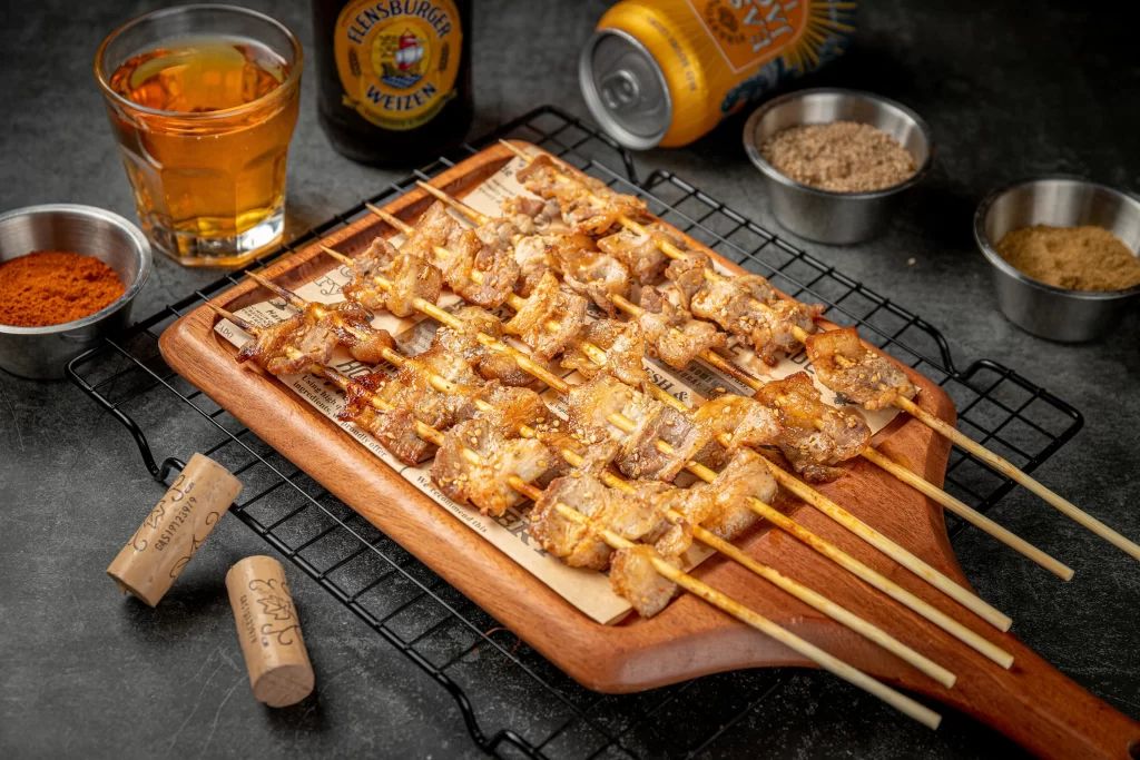 Grilled Pork Skewers Golden Brown Crispy Charred