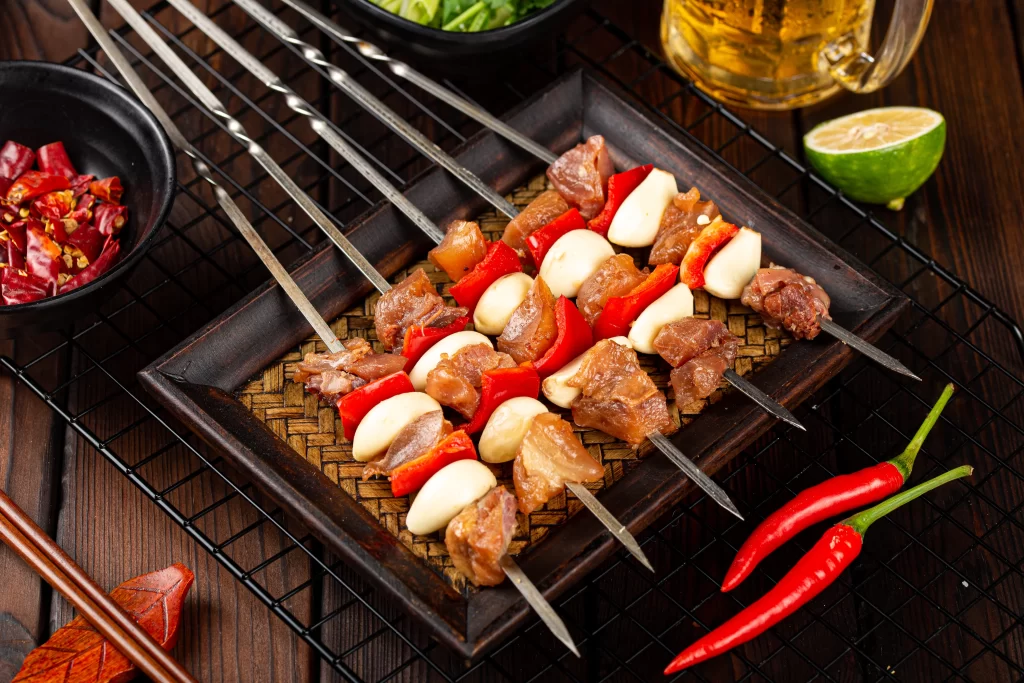 Grilled Pork Skewers Red Bell Pepper White Onion Charred