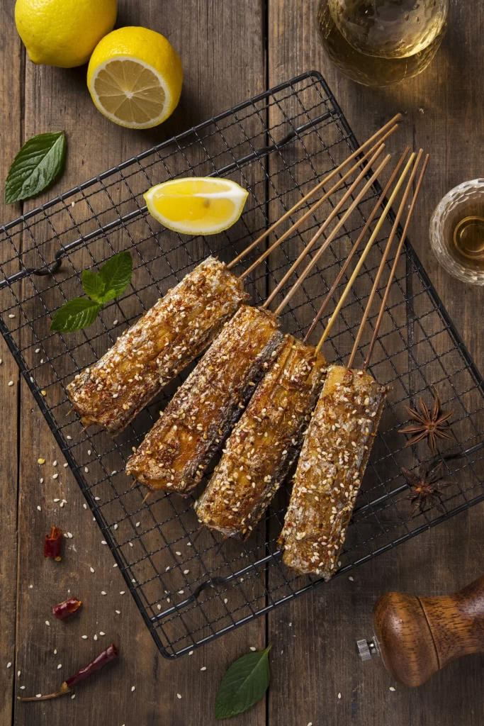 Grilled Pork Skewers Sesame Seeds Charred Crust